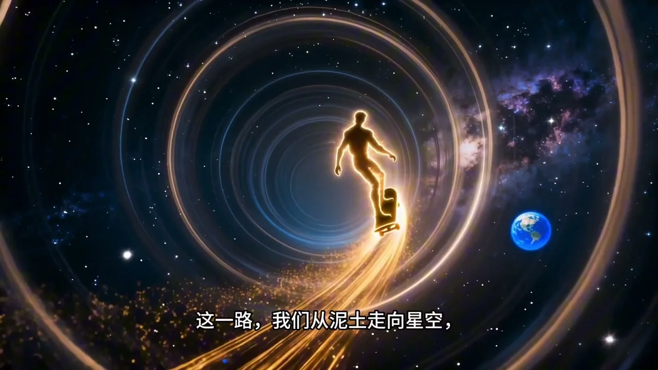 滑过时光：人物踏着滑板，沿光轨滑向星空